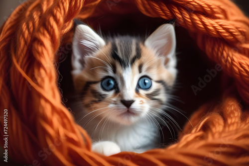 An adorable kitten resting peacefully in a cozy tangle of vibrant orange yarn © D