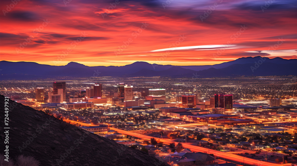 Dusk Descending Over the Dynamic Skyline of El Paso, Texas – A Symphony of Urban Architecture and Nature