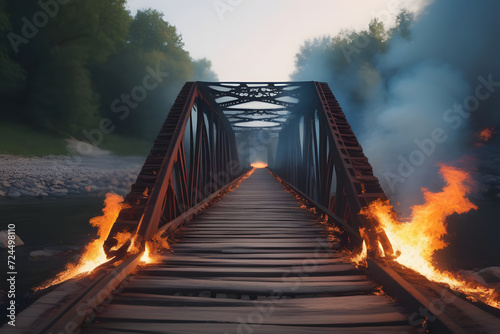 Wooden Railroad Bridge on Fire Over River in Forest near Railroad Tracks with Flames on Both Sides