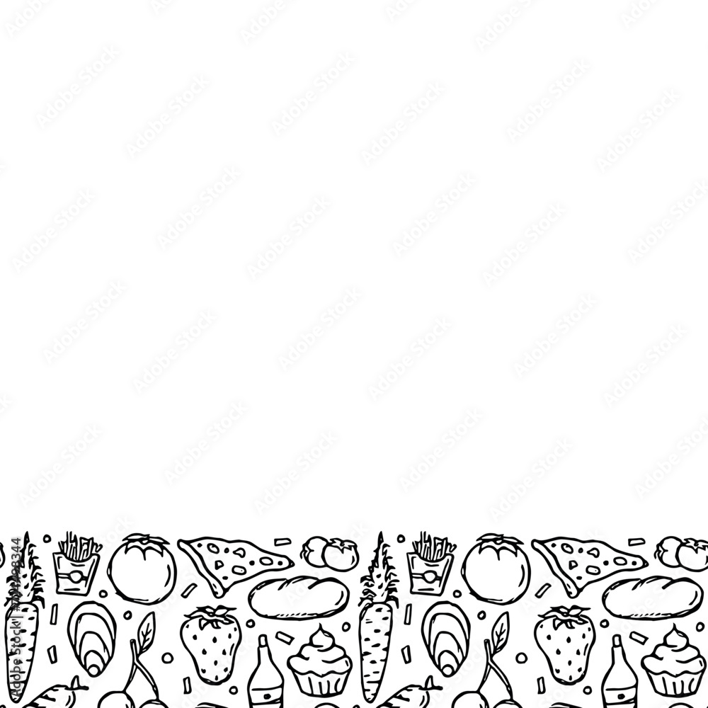 Fototapeta premium Doodle food background. Food frame illustration