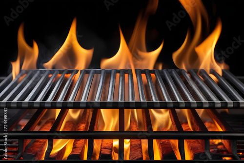 Hot Glowing Charcoal Grill Grate with Flames for Outdoor Cooking Isolated on Black Background