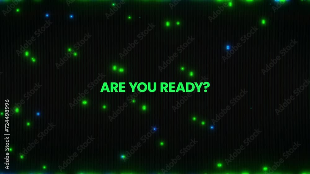 ARE YOU READY? pixelated gaming screen to Looped text animation with glitch effects, and noisy distortion to isolate on a black background.
