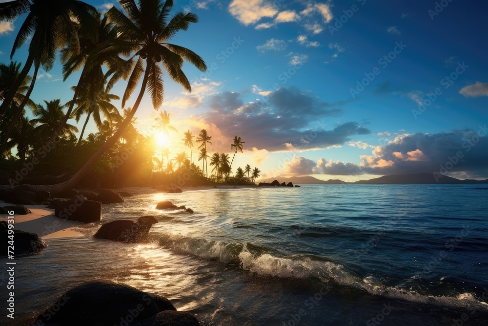 Gorgeous palm trees and sun rays casting play of light and shadow on ocean with blue sky