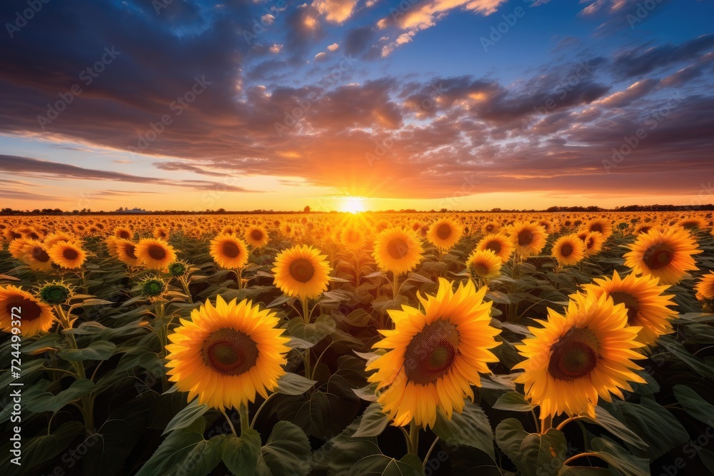 Romantic sunset landscape with sunflower field, warm golden light, and blue sky with white clouds