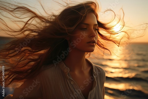 Sunlit beach scene: woman with windswept hair stands against a stunning sea backdrop