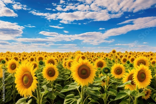 Scenic view of vast sunflower field with endless rows of yellow flowers and blue sky