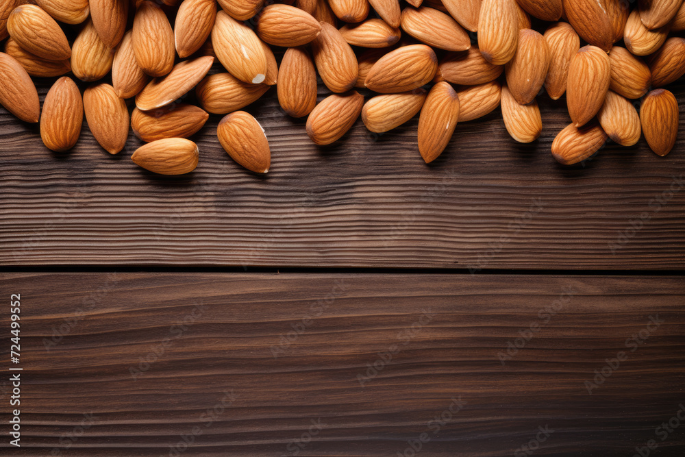 Raw peeled almonds on wooden background. Copy space for text Raw peeled almonds on wooden background. Copy space for text
