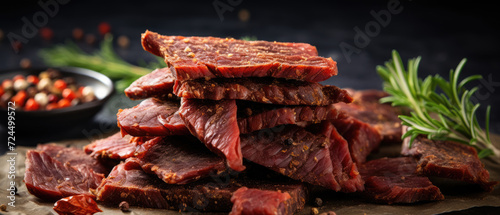 Dried meat, jerky slices with spices and herbs. Horizontal banner