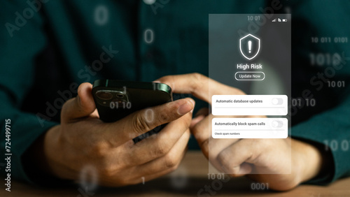 cybersecurity concept, user privacy security and encryption, secure internet access Future technology and cybernetics, screen padlock. Man using his mobile selects the icon security.