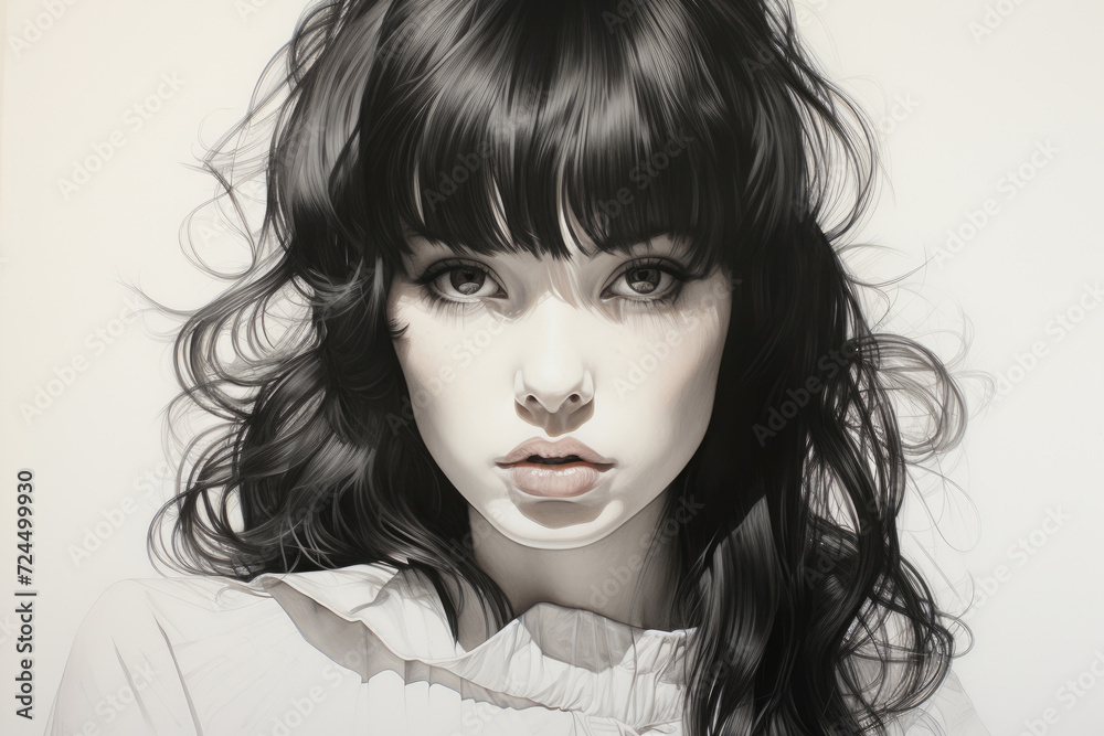 Fototapeta premium Beautiful young woman in black and white drawing style
