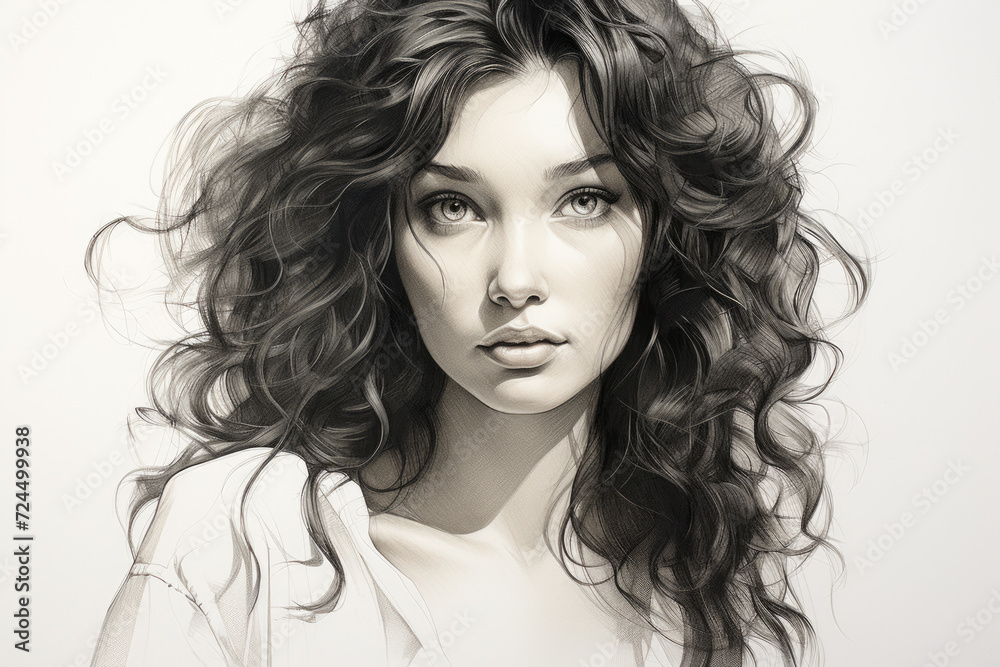 Beautiful young woman in black and white drawing style Beautiful young woman in black and white drawing style