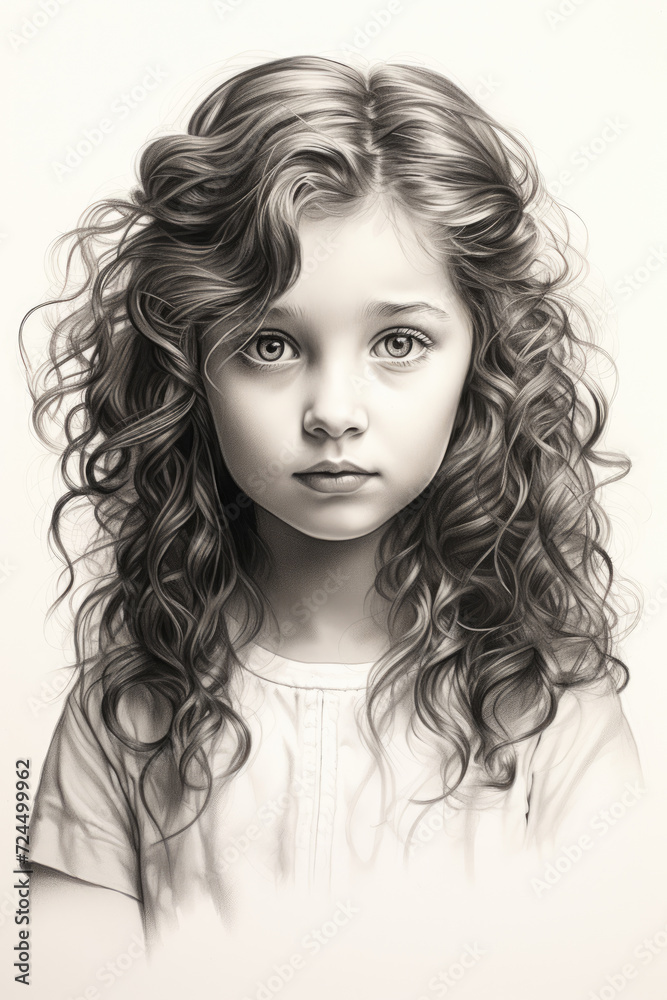 Fototapeta premium Girl with long hair in black and white style drawing