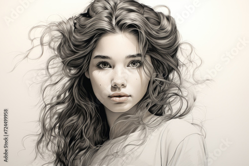 Beautiful girl with long hair in black and white style drawing
