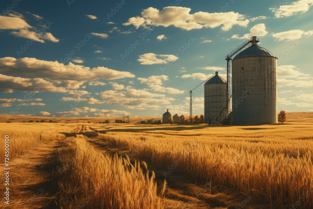 Fototapeta premium Elevators, granary in a field against a blue sky