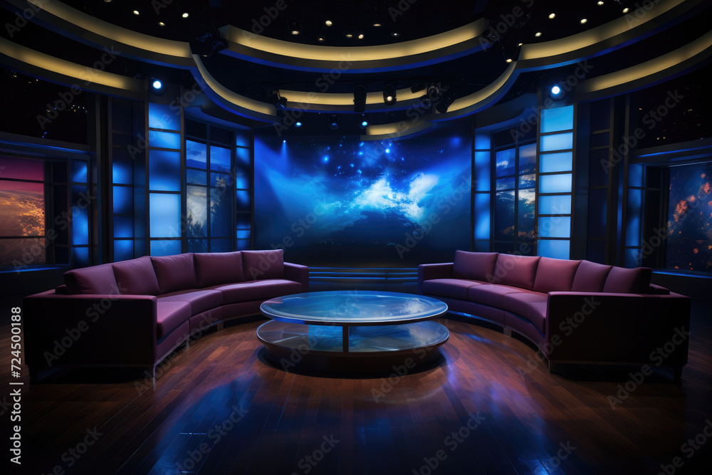 Empty TV studio talk show with sofa