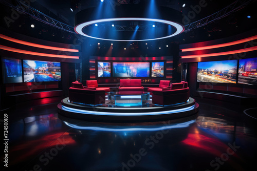 Empty TV studio talk show with sofa