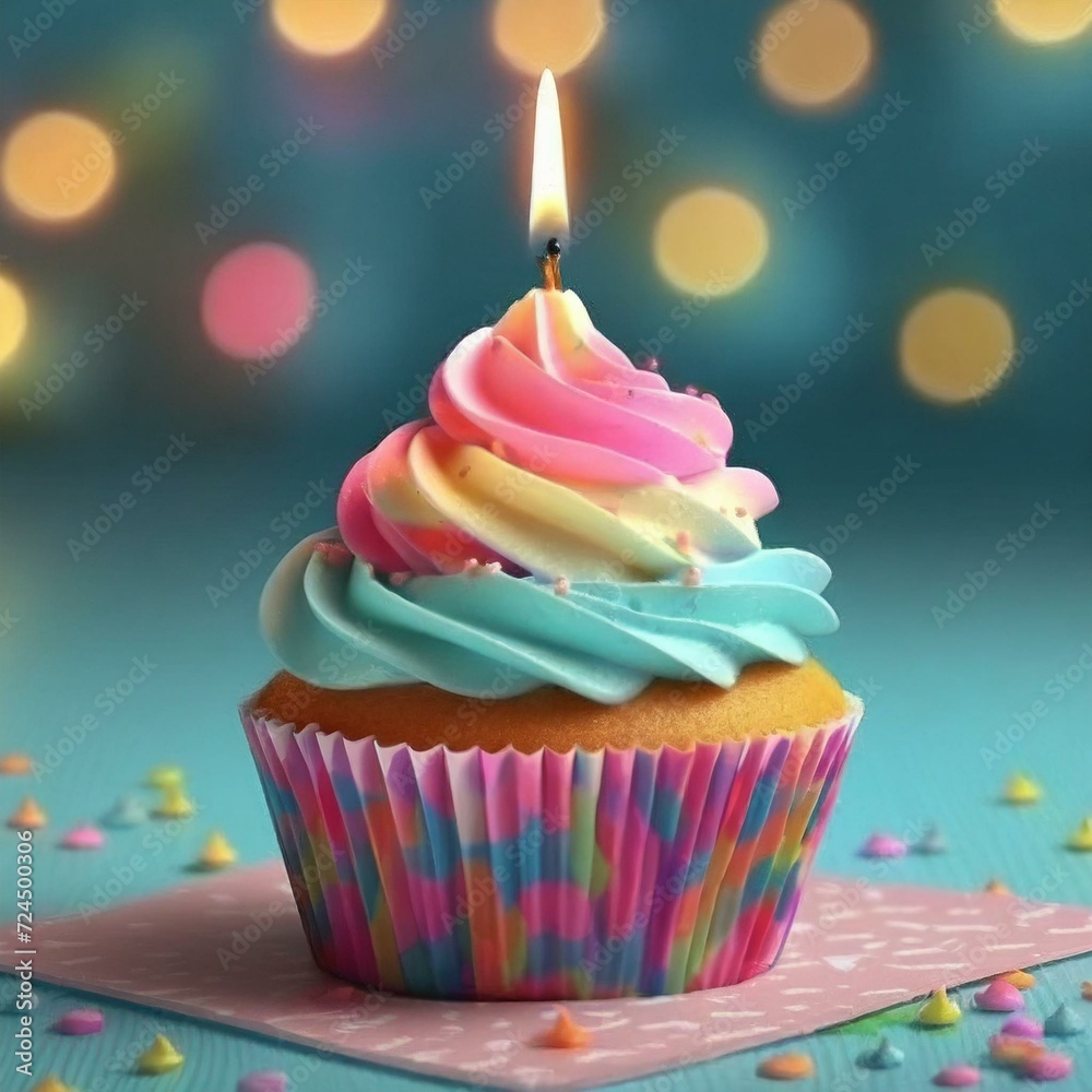Charming Birthday Cupcake with Festive Sprinkles and Candle Glow