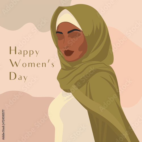 Vector flat faceless illustration of a beautiful Muslim woman in hijab. International Women's Day greeting card template in delicate natural shades.
