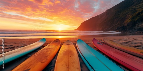 Surfboards at sunset.