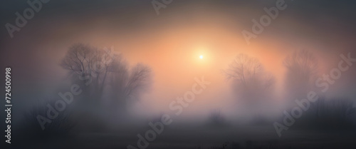 Elegant Foggy Morning: Enchanting Scene as Sunlight Breaks Through Misty Atmosphere.