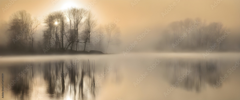 Fototapeta premium Elegant Foggy Morning: Enchanting Scene as Sunlight Breaks Through Misty Atmosphere.