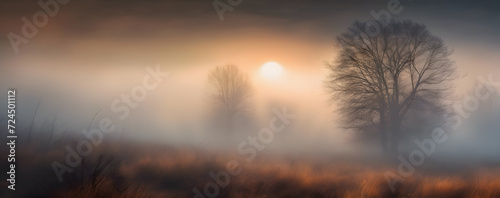 Elegant Foggy Morning: Enchanting Scene as Sunlight Breaks Through Misty Atmosphere.