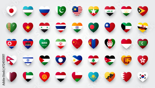Heart Shaped Asia Flag Set. Icons With Asian Flags.