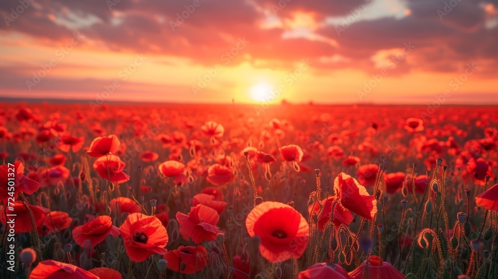 Beautiful field of poppy flowers at dawn