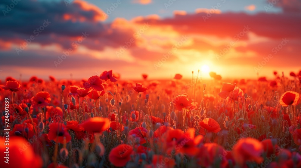 Beautiful field of poppy flowers at dawn - obrazy, fototapety, plakaty 