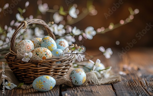 Easter painted eggs arranged in a basket on a rustic wooden table, creating a festive and decorative holiday centerpiece