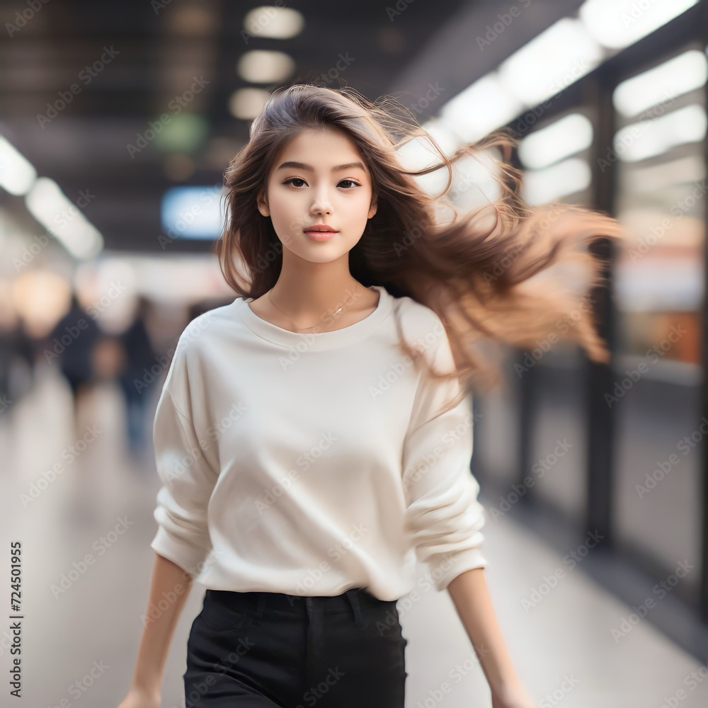 Portrait of asian beautiful woman with flying hair in the city.