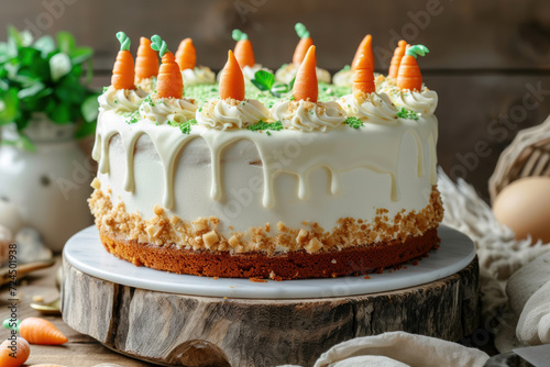Easter cake with cream and mini marzipan carrots photo