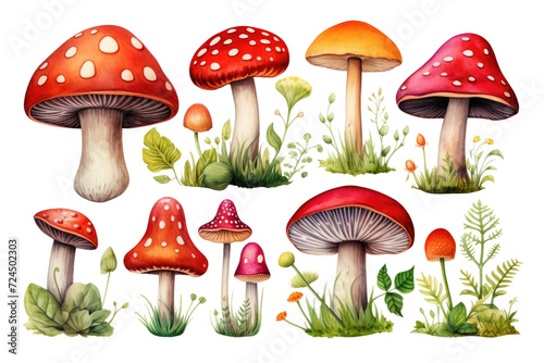 A set of red and orange mushrooms with plants, leaves, and grass. Isolated fly agarics on a transparent background are painted in watercolor