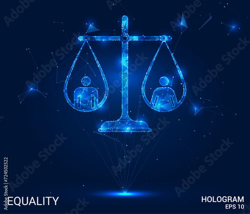 Hologram equality. A man and a woman on a scale of polygons, triangles of dots and lines. Equality is a low-poly compound structure. Technology concept vector.