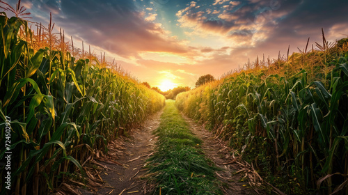 Young boy wanders in path made through corn field as leisure activity