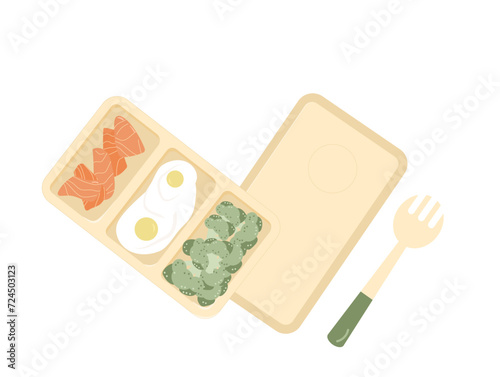 Lunchbox healthy food with cutlery. Tableware diet bento box. Plate sector salmon broccoli and eggs with fork. Vector flat illustration.
