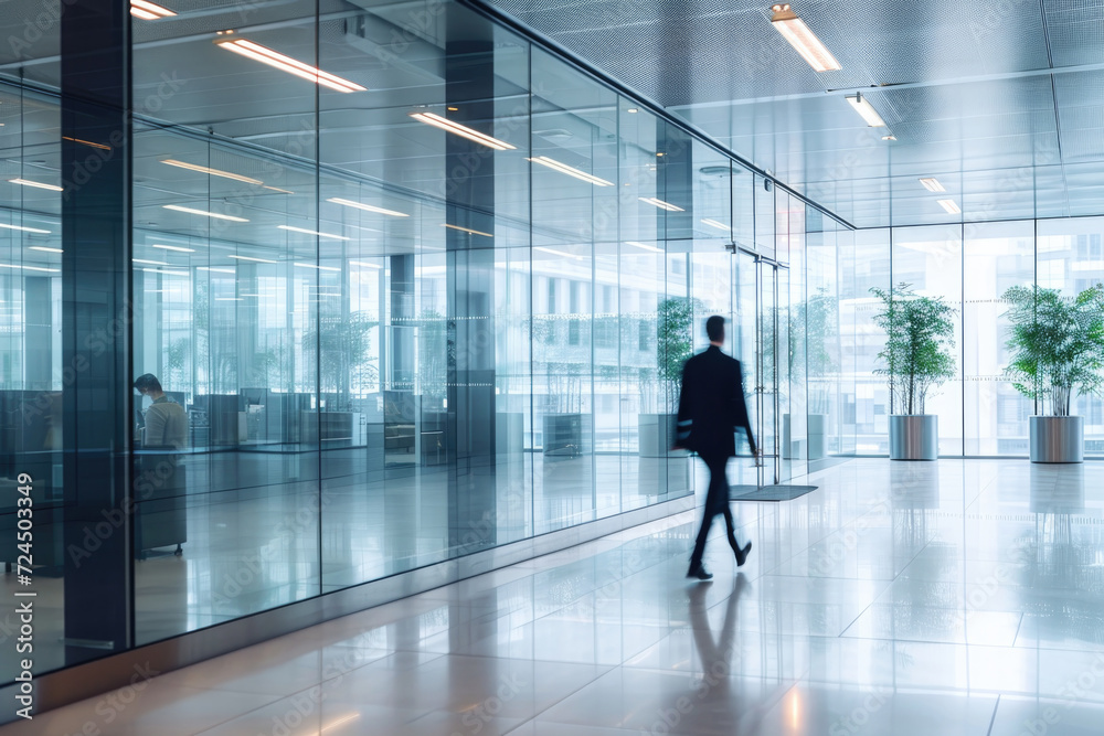 blurry worker walking near glass partitions in the office building