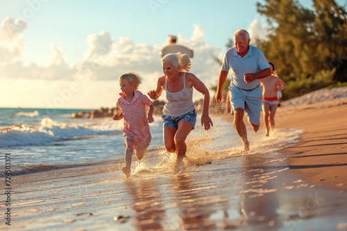 Grandparents run along the beach with their grandchildren on summer vacation