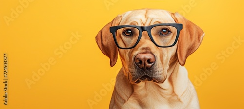 Hipster dog wearing black glasses on vibrant yellow background with space for text photo
