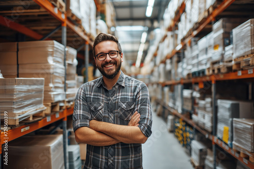 smiling and laughing man in a hardware warehouse standing selects a repair tool photo