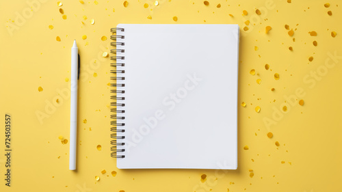 An artistic setup with a white notebook and a yellow pen, placed on a creative, textured surface