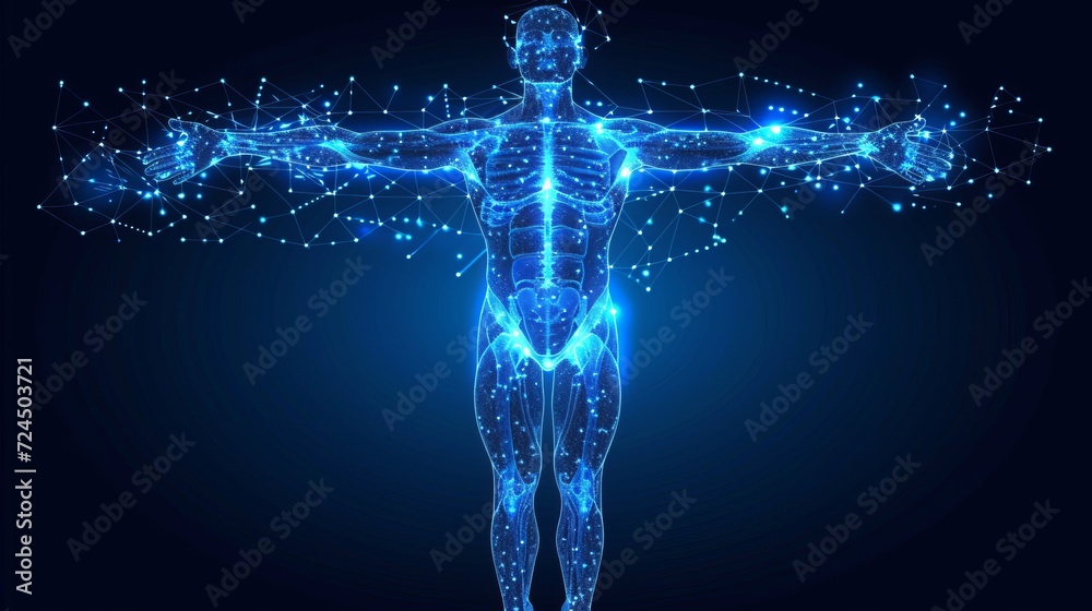 Interactive holographic human body icon with a stunning shining effect, floating in the air.