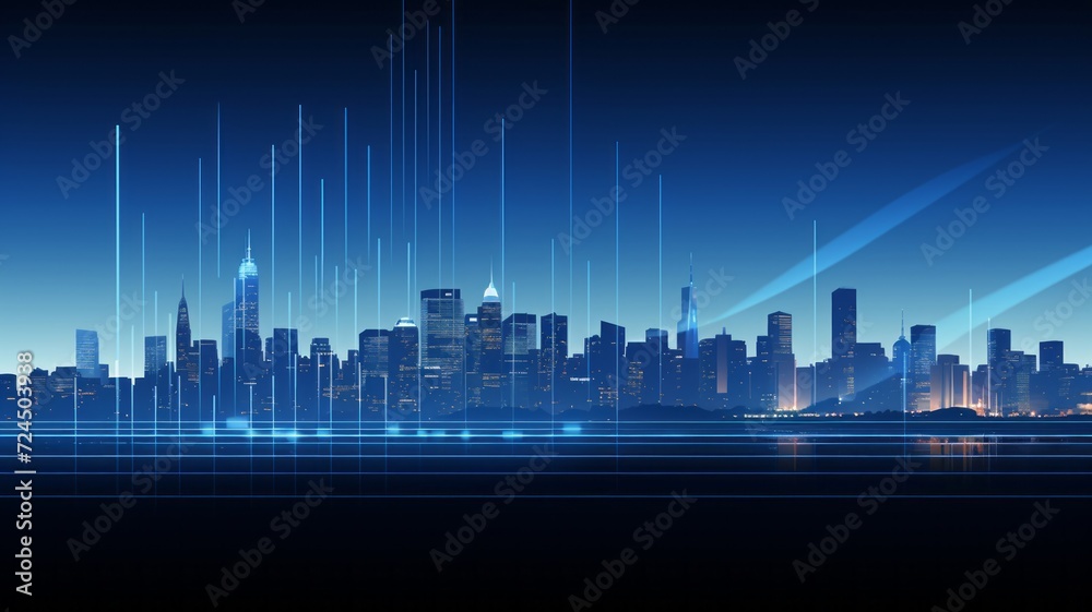 Minimalist financial increase graph with sleek white lines over a deep blue, illuminated city panorama