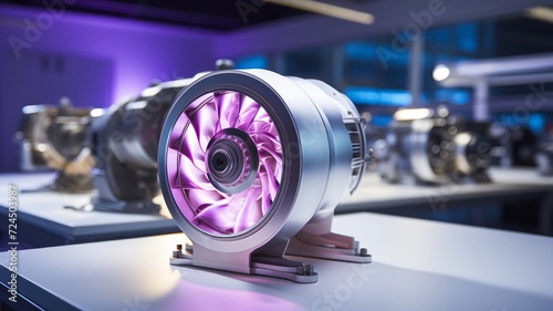 High-tech turbocharger with gleaming silver surfaces illuminated by ambient white light in a clean lab setting