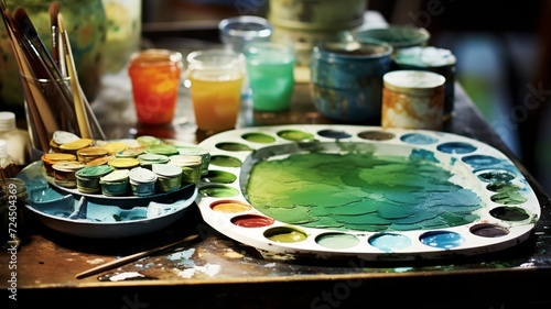 Painter s vibrant selection of watercolors  with a pristine green hue standing out amongst soft-focused shades