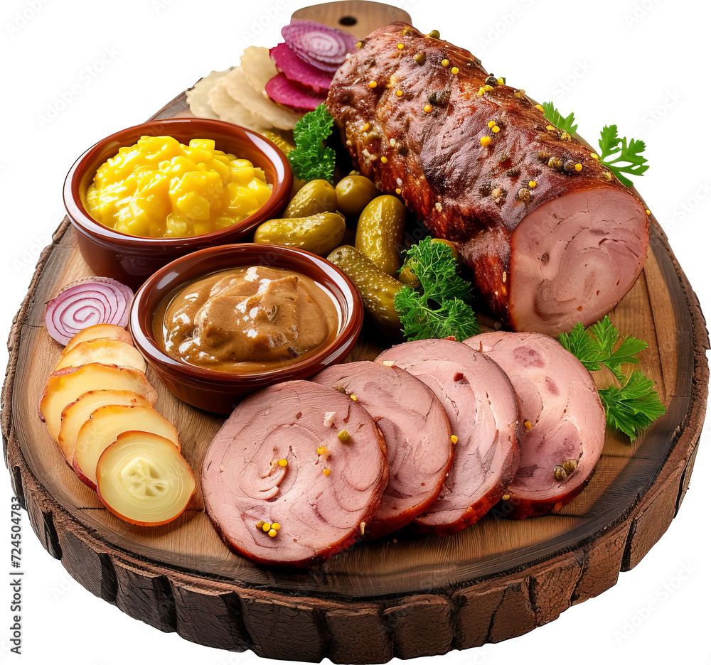 Leberkäse with slices of Bavarian meatloaf, mustard, and pickles ...