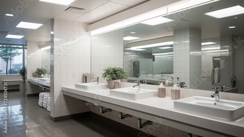 Sanitary facilities in a public space, showcasing multiple sinks with reflections in large mirrors, conveying cleanliness