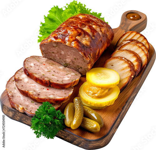 Leberkäse with slices of Bavarian meatloaf, mustard, and pickles, isolated on transparent background. PNG photo