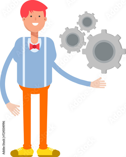 Male Character Holding Gears
