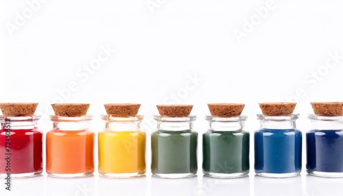 Jars with paint in a row on a white background.